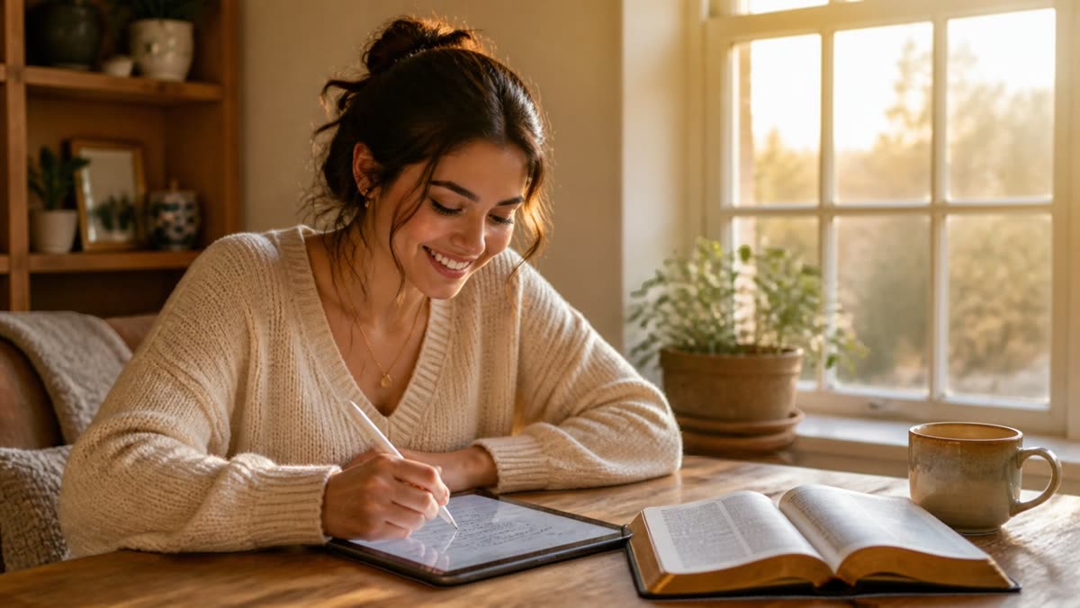 A woman smiling as she studies the Bible on an iPad with a pencil